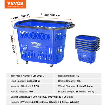 SucceBuy 6PCS Shopping Baskets 39L Rolling Shopping Carts with Handles &amp; Wheels Portable  for Supermarkets Retail Stores Grocery