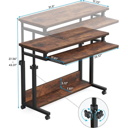 Portable Desk for Sofa and Bed,Height Adjustable Laptop Table,Rolling Computer Cart with Keyboard Tray on Wheels for Home Office