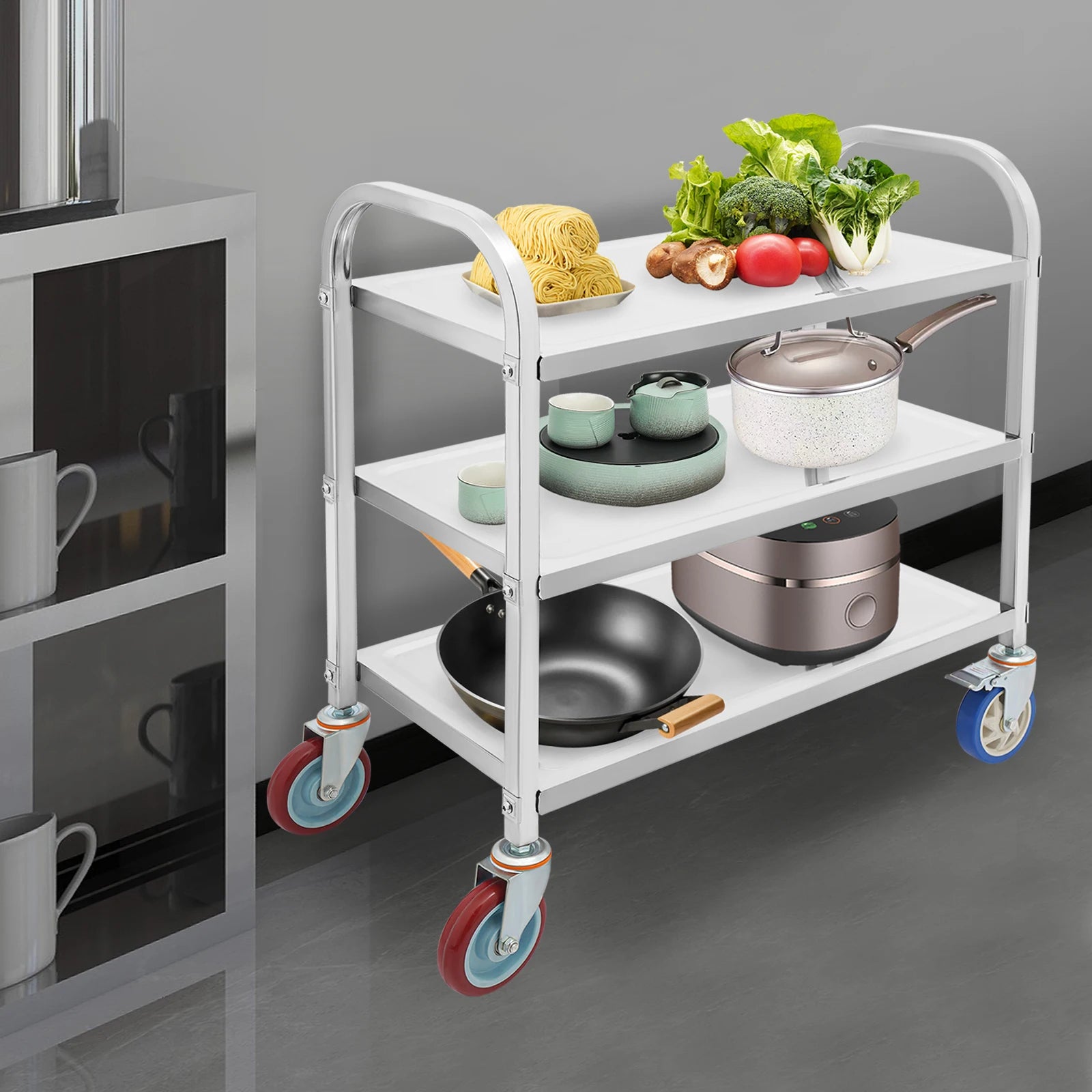 3 Tier Stainless Steel Kitchen Trolley Cart,   Utility Serving Storage Rolling Car Shelf, Kitchen Trolley Car