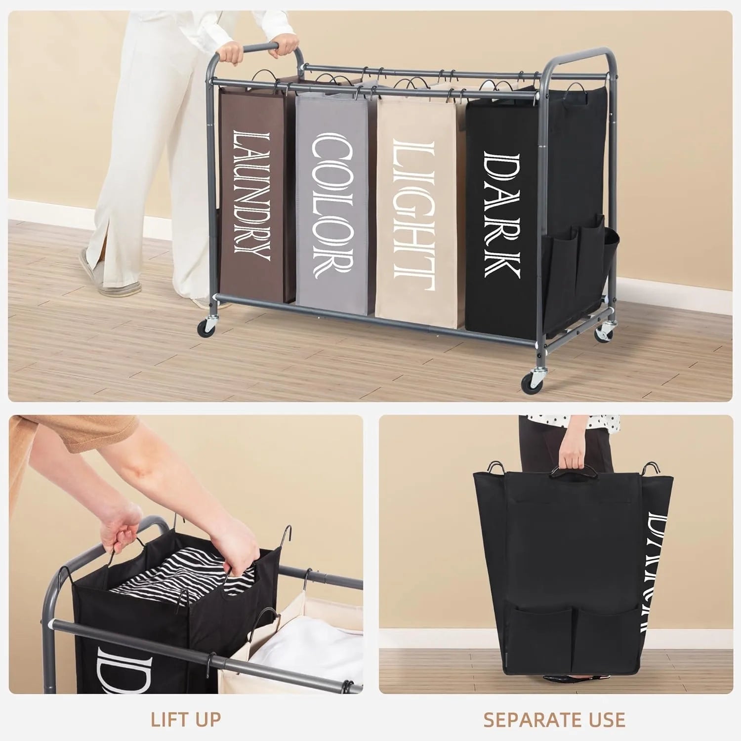 Laundry Sorter, Laundry Divider with Side Pockets,Multi Laundry Separator Hamper with Removable Bags and Rolling Lockable Wheels