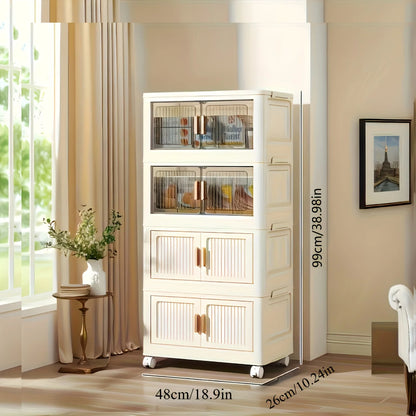 Oversized 3/4/5-Tier Foldable Storage w/ Wheels - No Assembly, Magnetic Doors, Clothes/Toys/Books - Living/Bedroom/Office
