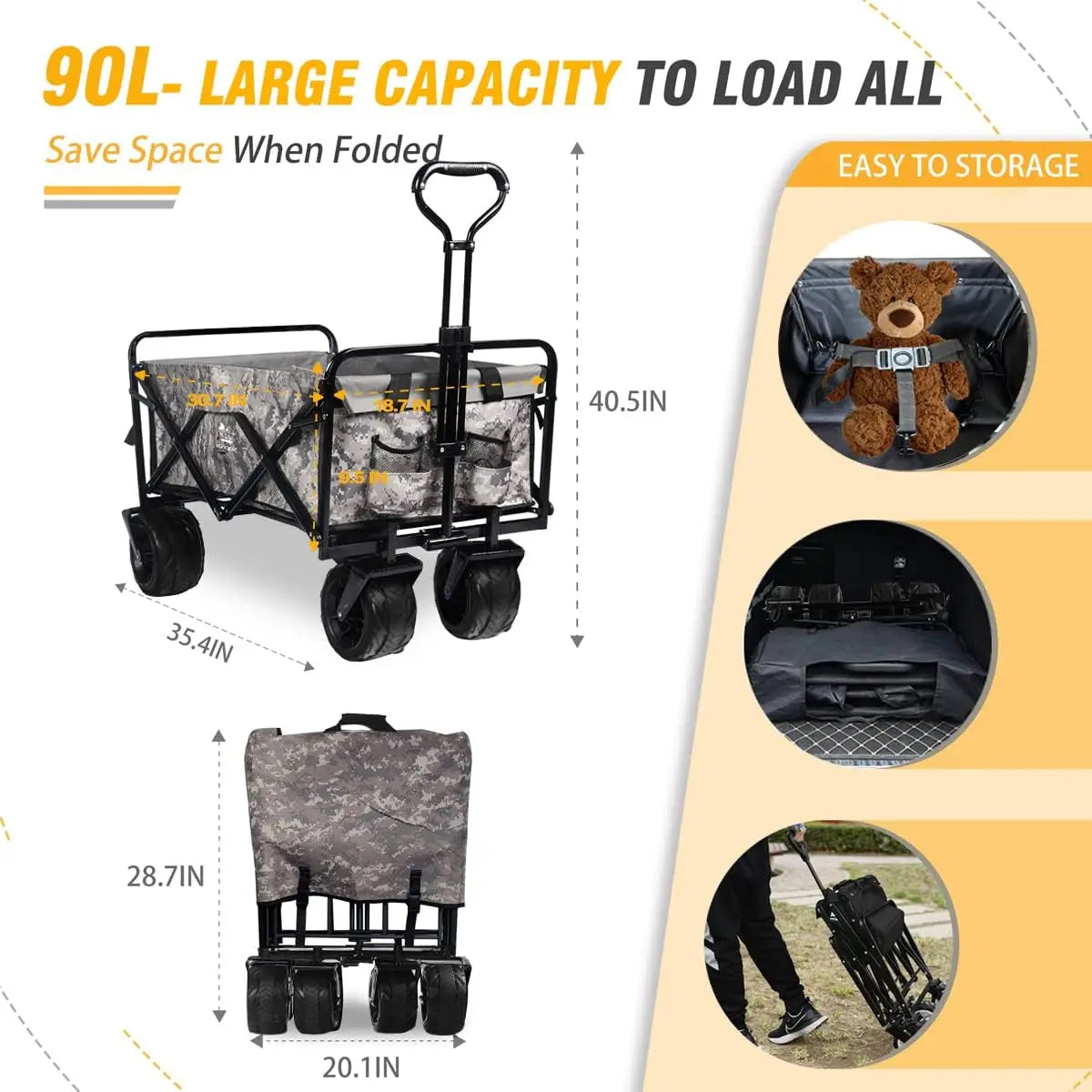 Collapsible Wagon Cart Heavy Duty Foldable Beach Wagon with Big Wheels for Sand All Terrain Utility Beach Cart for Sand