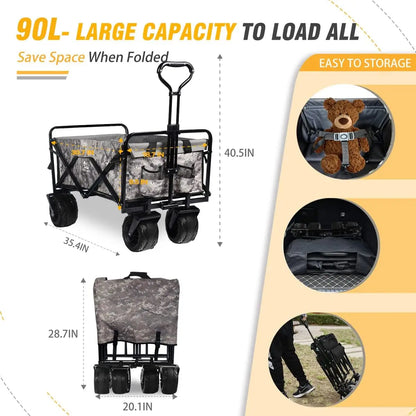 Collapsible Wagon Cart Heavy Duty Foldable Beach Wagon with Big Wheels for Sand All Terrain Utility Beach Cart for Sand