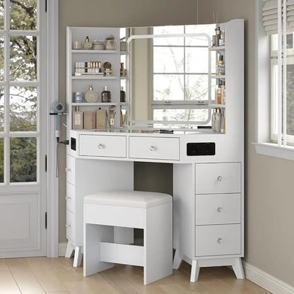 Corner Vanity Desk with Bluetooth Speaker, 8 Drawers &amp; 6 Shelves, Modern Vanity with Mirror and Lights, Makeup Vanity with Glass
