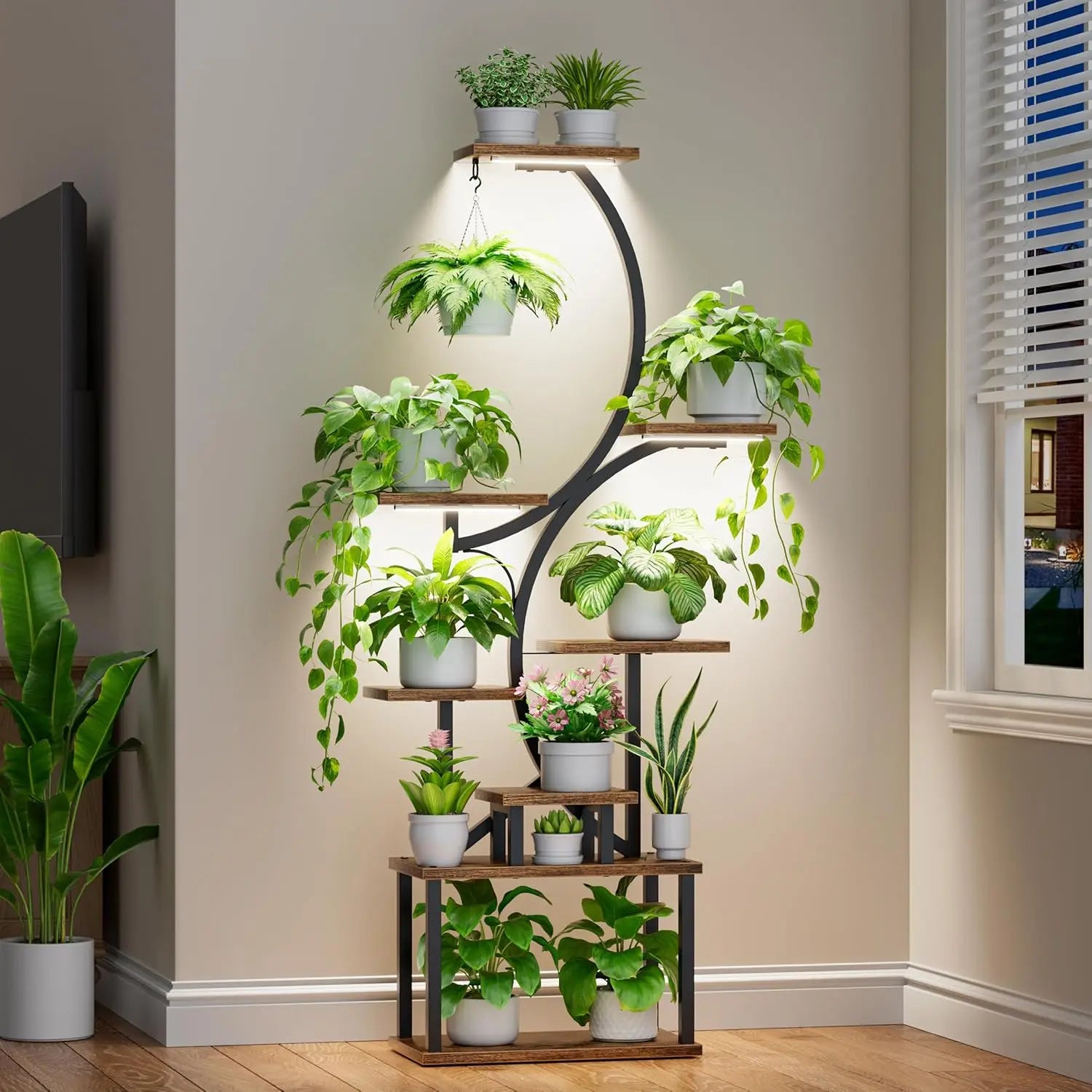 Plant Stands for Indoor Growing, 8 Tiered Large Flower Holder, S-Shaped Decorative Rack for Living Room, Patent Design, Brown