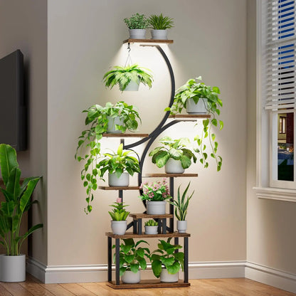 Plant Stands for Indoor Growing, 8 Tiered Large Flower Holder, S-Shaped Decorative Rack for Living Room, Patent Design, Brown