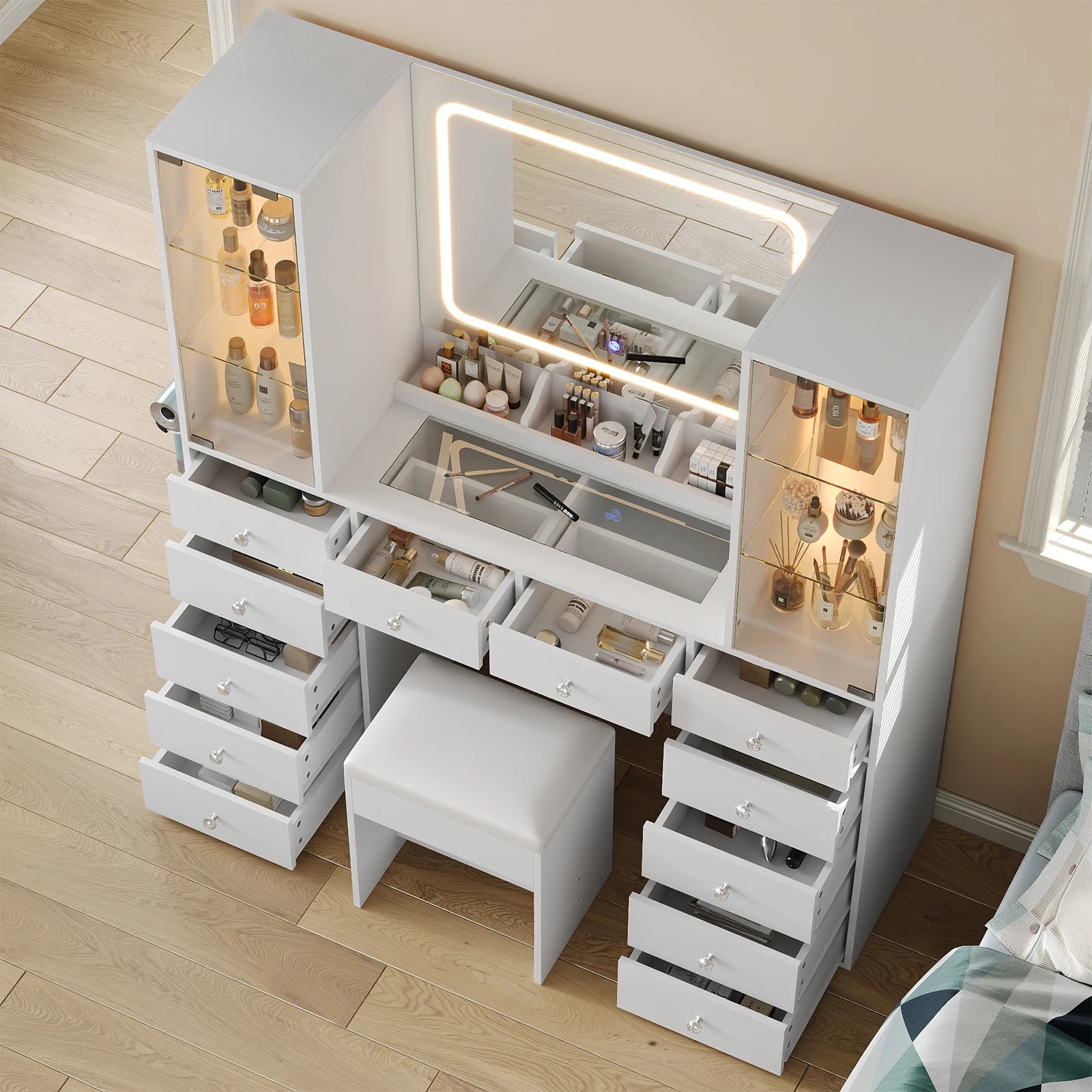 Bedroom Makeup Vanity Desk with Mirror, 12 Drawers