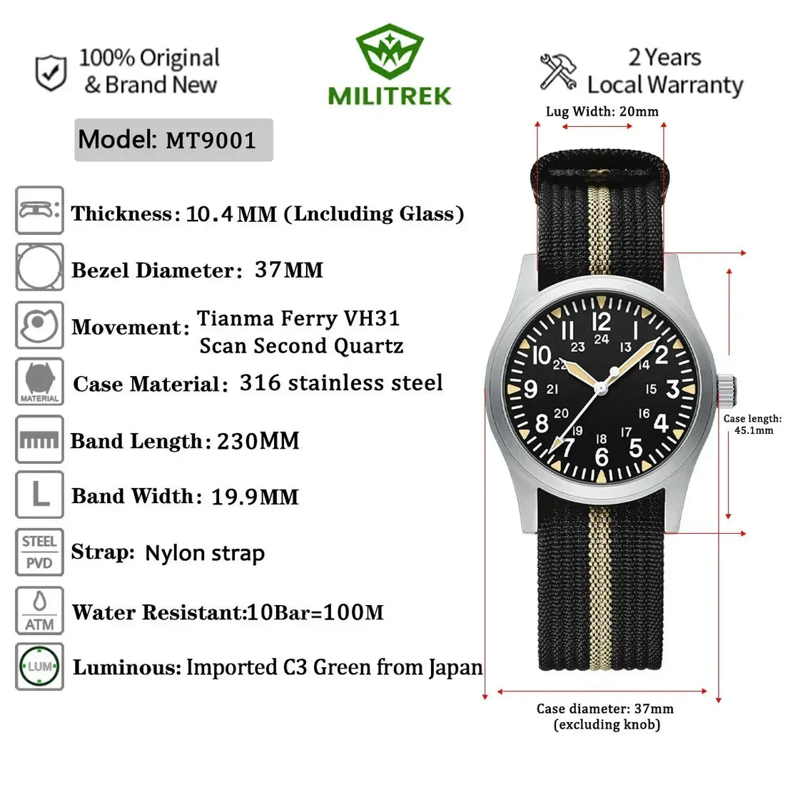 MILITREK 2025 New Men Quartz Watch VH31 37mm Military Waterproof 100M Sapphire Glass Luminous Stainless Steel Reloj Hombre