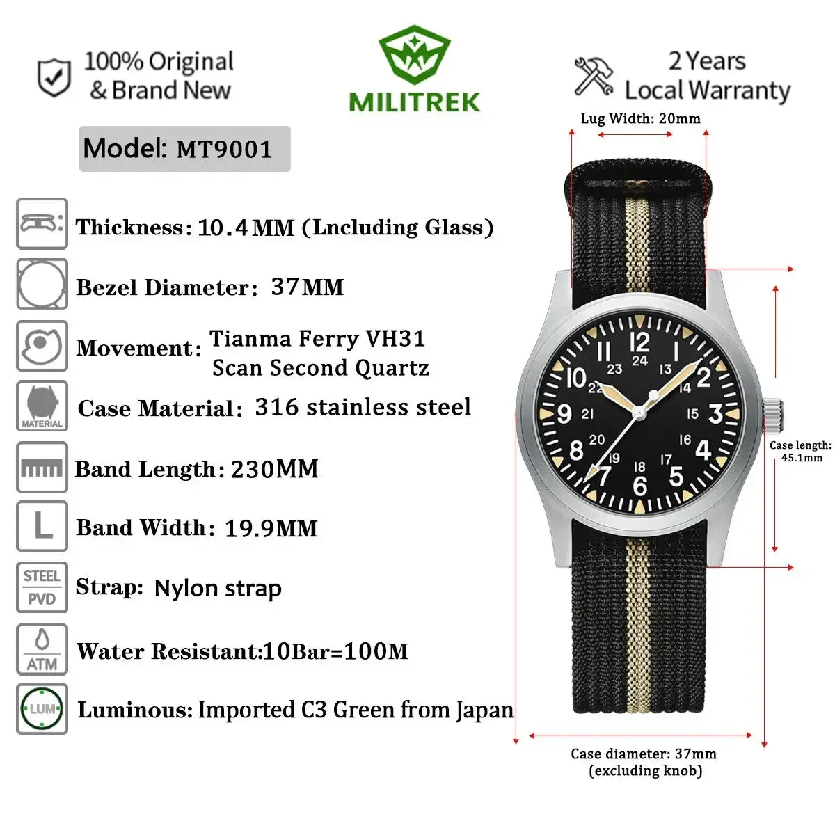 MILITREK 2025 New Men Quartz Watch VH31 37mm Military Waterproof 100M Sapphire Glass Luminous Stainless Steel Reloj Hombre