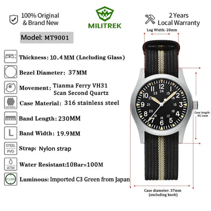 MILITREK 2025 New Men Quartz Watch VH31 37mm Military Waterproof 100M Sapphire Glass Luminous Stainless Steel Reloj Hombre