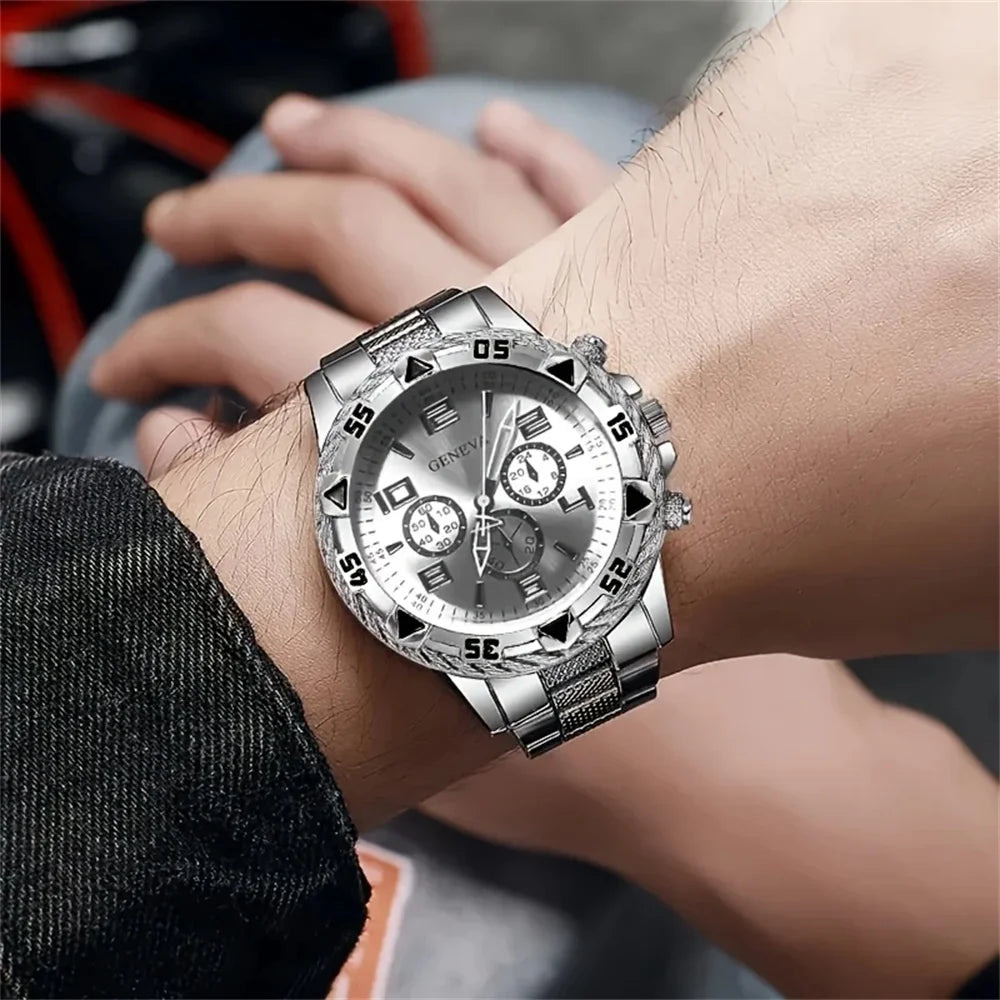 2pcs/set Men Business Watches Fashion Arabic Dial Steel Band Male&