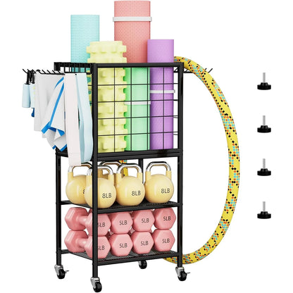 Home Gym Weight Rack with Storage Hooks - Organizer for Dumbbells, Resistance Bands &amp; Yoga Mat
