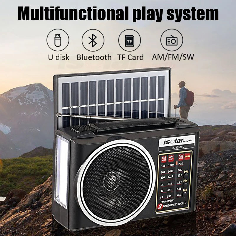 Portable FM/AM/SW Radio Solar Charging Multi Band Emergency Radios Receiver Bluetooth Speaker with Flashlight TF USB for Walk