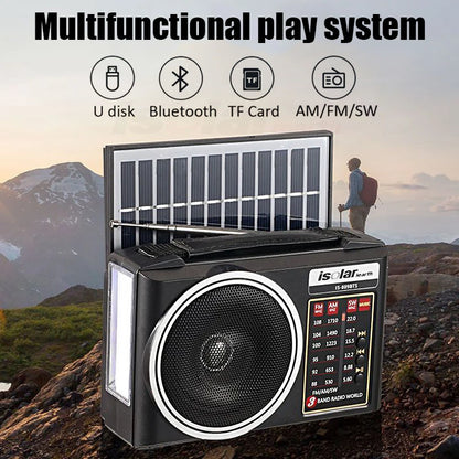 Portable FM/AM/SW Radio Solar Charging Multi Band Emergency Radios Receiver Bluetooth Speaker with Flashlight TF USB for Walk