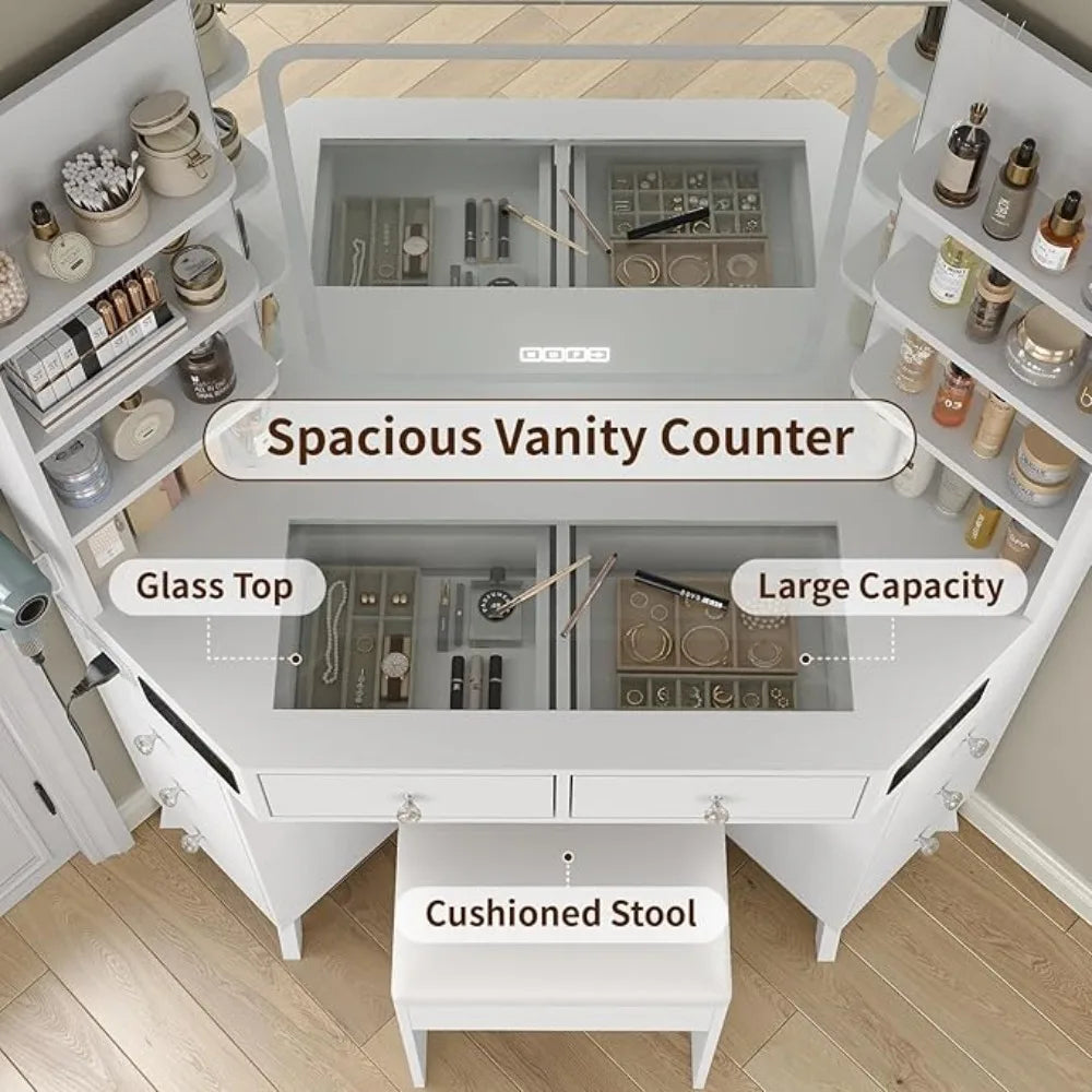 Corner Vanity Desk with Bluetooth Speaker, 8 Drawers &amp; 6 Shelves, Modern Vanity with Mirror and Lights, Makeup Vanity with Glass