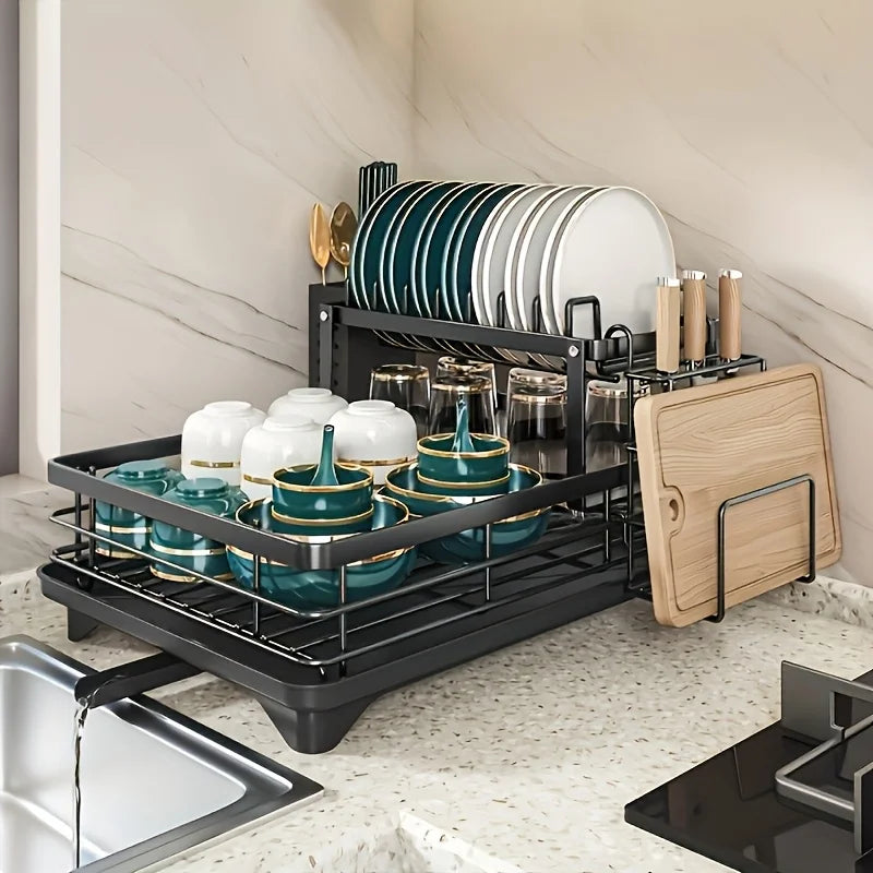 2-Layer Elevated Capacity Drain Rack with Water Tray Rust-Proof Dish Organizer for 4-6 Family Home Commercial Kitchens