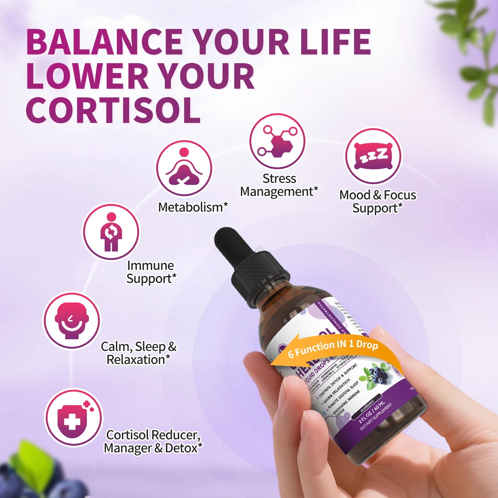 MINCH Cortisol Supplement Liquid Drops, 10-in-1 Cortisol Detox Hormone Balanced for Women, Mood Focus, Sleep Support