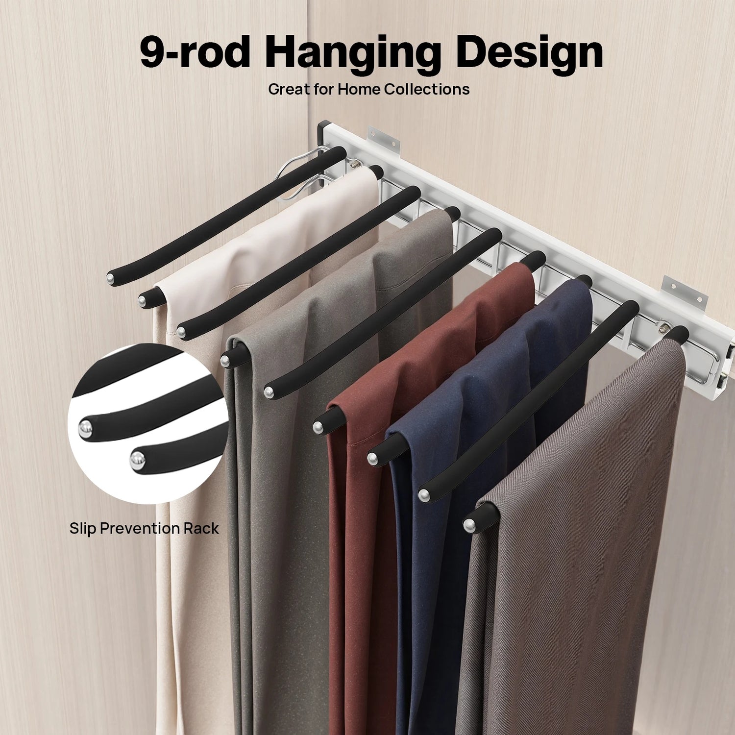 9-Rod Side Mounted Trouser Hanger, 35 lbs Pull Out Trousers Rack, Sliding Pants Rack W/ Flocked Bars for Pants, Ties