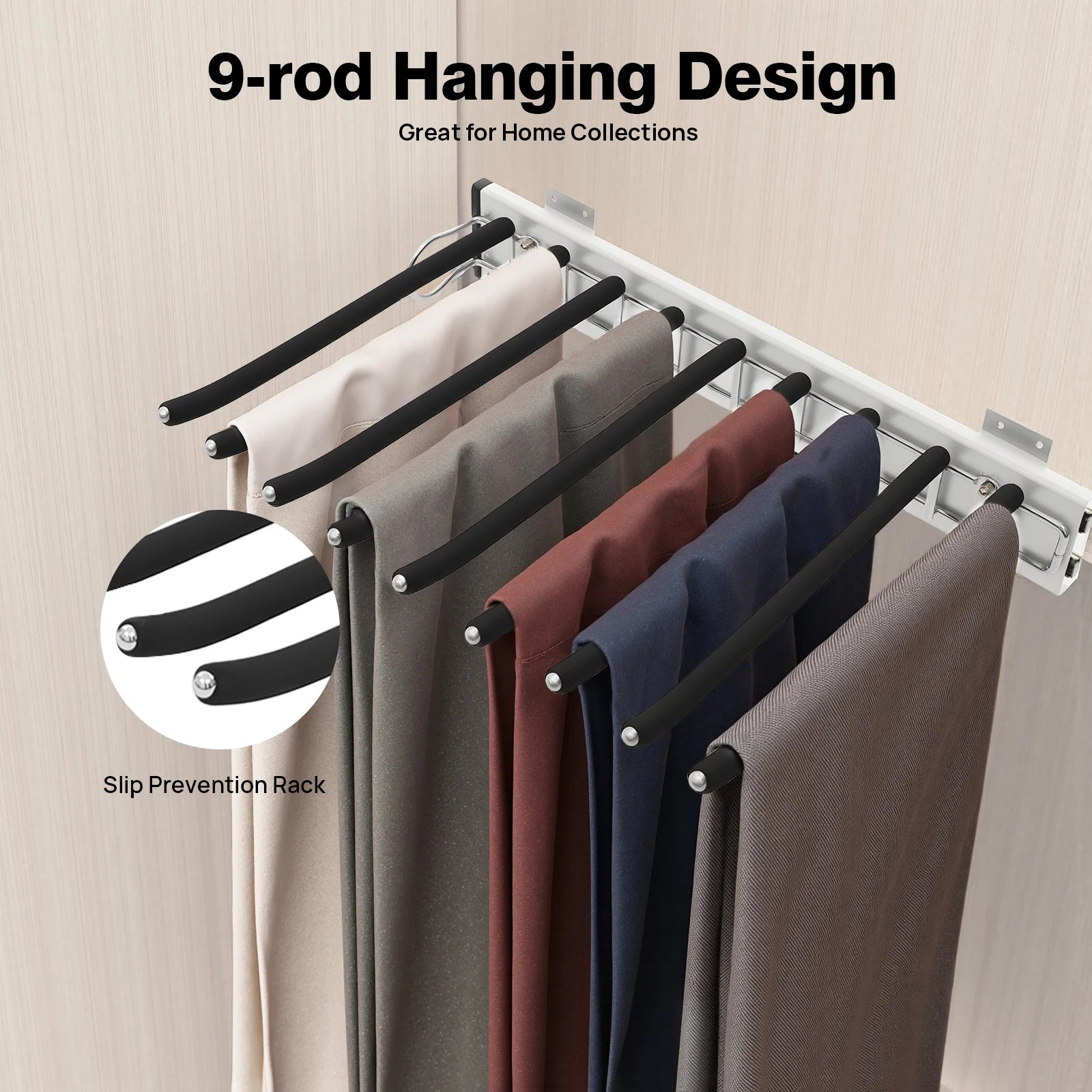 9-Rod Side Mounted Trouser Hanger, 35 lbs Pull Out Trousers Rack, Sliding Pants Rack W/ Flocked Bars for Pants, Ties