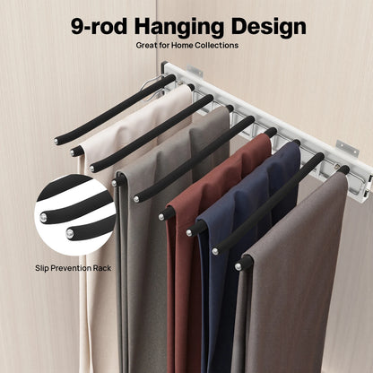 9-Rod Side Mounted Trouser Hanger, 35 lbs Pull Out Trousers Rack, Sliding Pants Rack W/ Flocked Bars for Pants, Ties