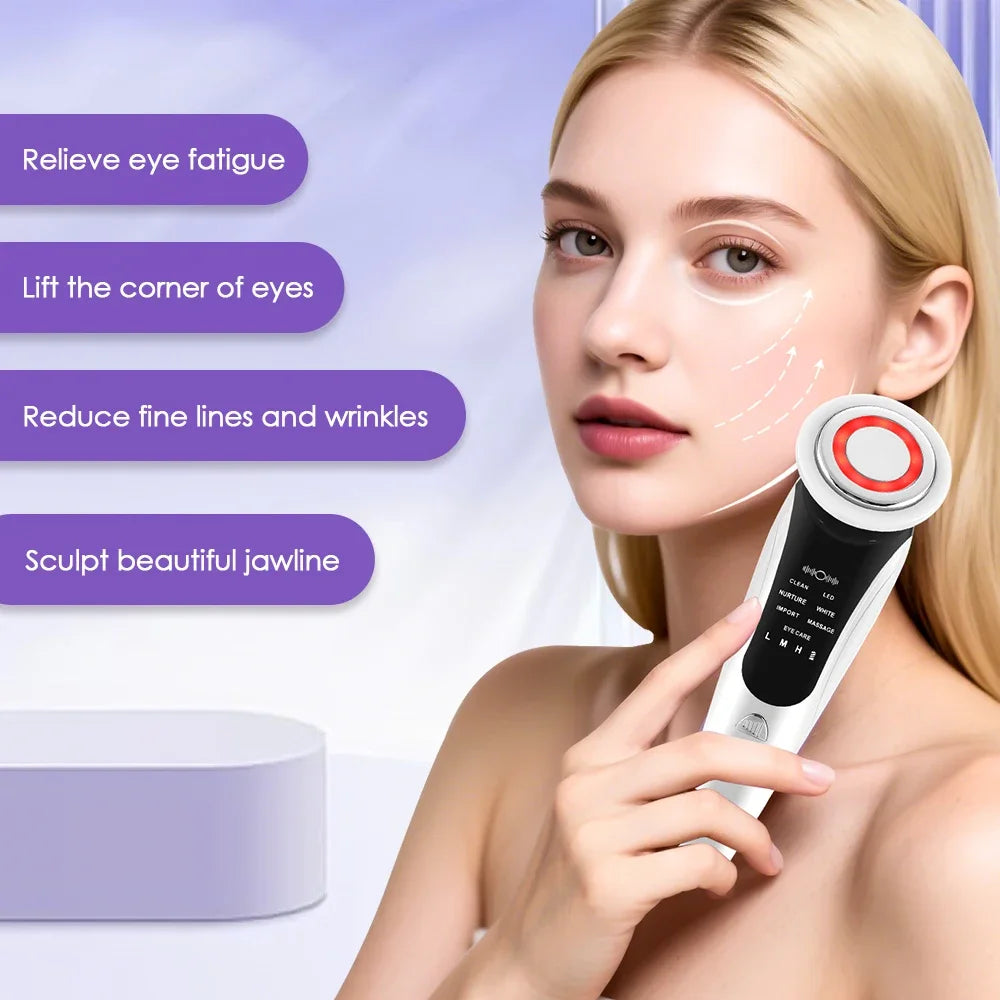 7 in 1 EMS Facial Massager Face Beauty Instrument with Induced Vibration and Hot Compress Face Skin Care Tool LED Light Therapy
