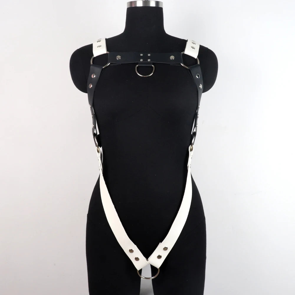 Men Chest Harness Belt Black and White Punk Body Harness Belt, Buckle Clothes Outfits Shoulder Straps Nightclub Cosplay Clubwear