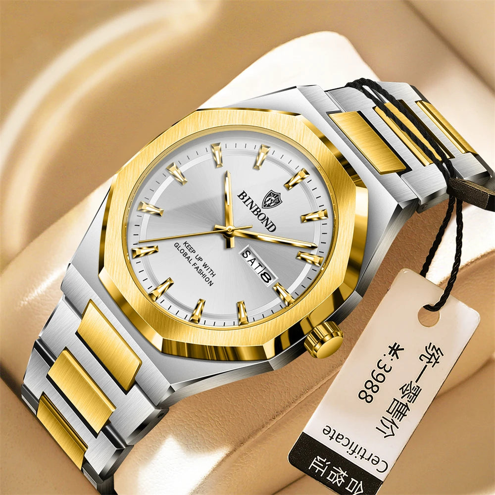 BINBOND Luxury Quartz Man Wristwatch Sport Men Watches Waterproof Luminous Date Week Stainless Steel Men&