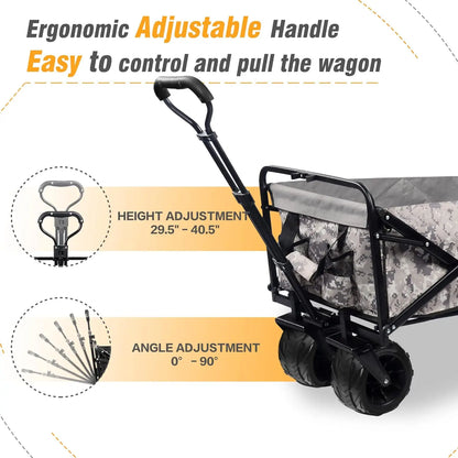 Collapsible Wagon Cart Heavy Duty Foldable Beach Wagon with Big Wheels for Sand All Terrain Utility Beach Cart for Sand