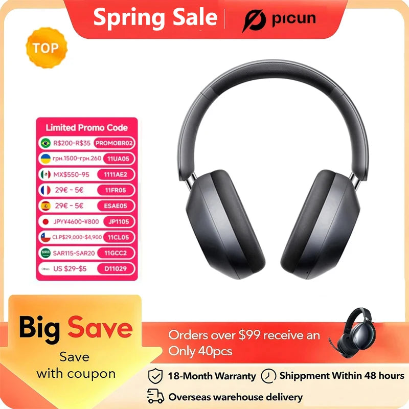 Picun F6 Active Noise Cancelling Wireless Headphones Head Tracking 3D Audio 40mm Hi-Res ANC Bluetooth Headset HIFI APP Control