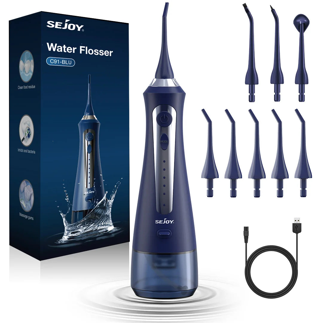 SEJOY Portable Electric Water Flosser Irrigator Dental Teeth Whitening strips 230ML Tank 5 Modes 5 Jet Tips For Home Travel