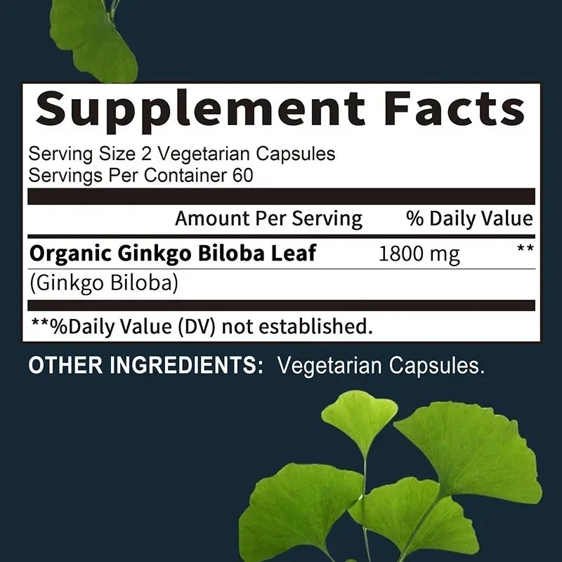 Ginkgo Biloba Capsules - Brain Health Supplement That Helps Blood Circulation, Metabolism and Energy Levels