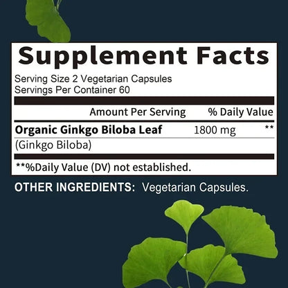 Ginkgo Biloba Capsules - Brain Health Supplement That Helps Blood Circulation, Metabolism and Energy Levels