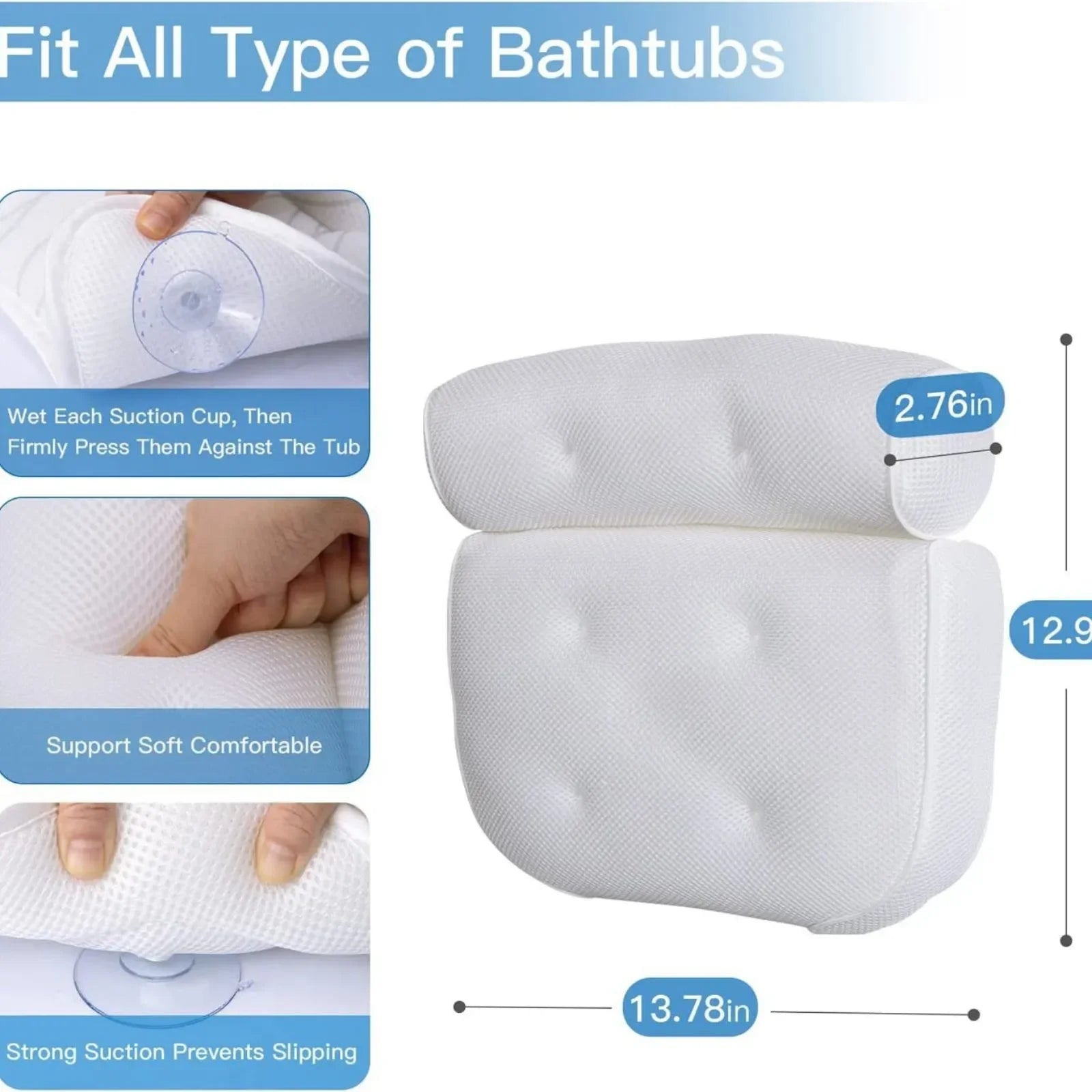 Bath Pillow for Bathtub Support Neck,Head and Back with Non-Slip Suction Cups air mesh Bathtub Pillow