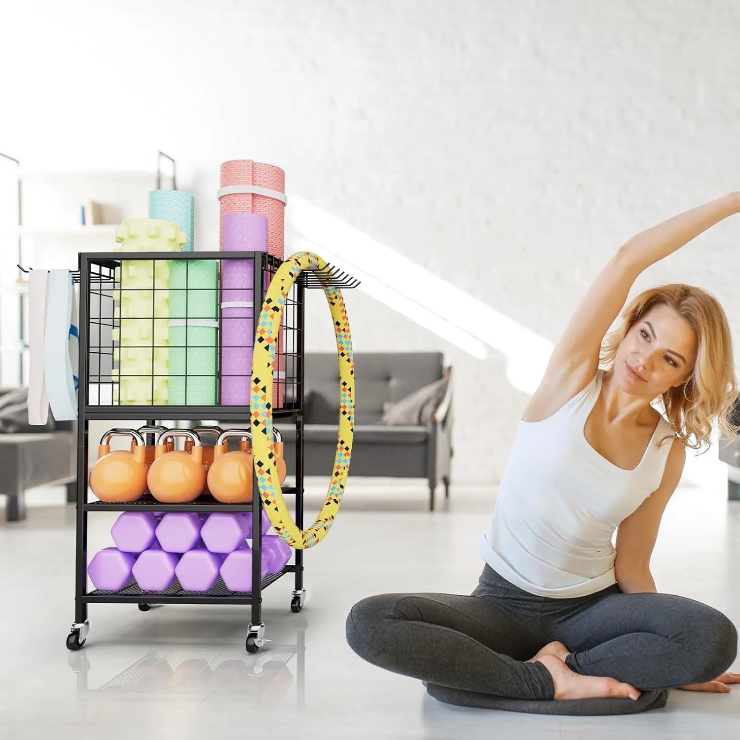 Home Gym Weight Rack with Storage Hooks - Organizer for Dumbbells, Resistance Bands &amp; Yoga Mat
