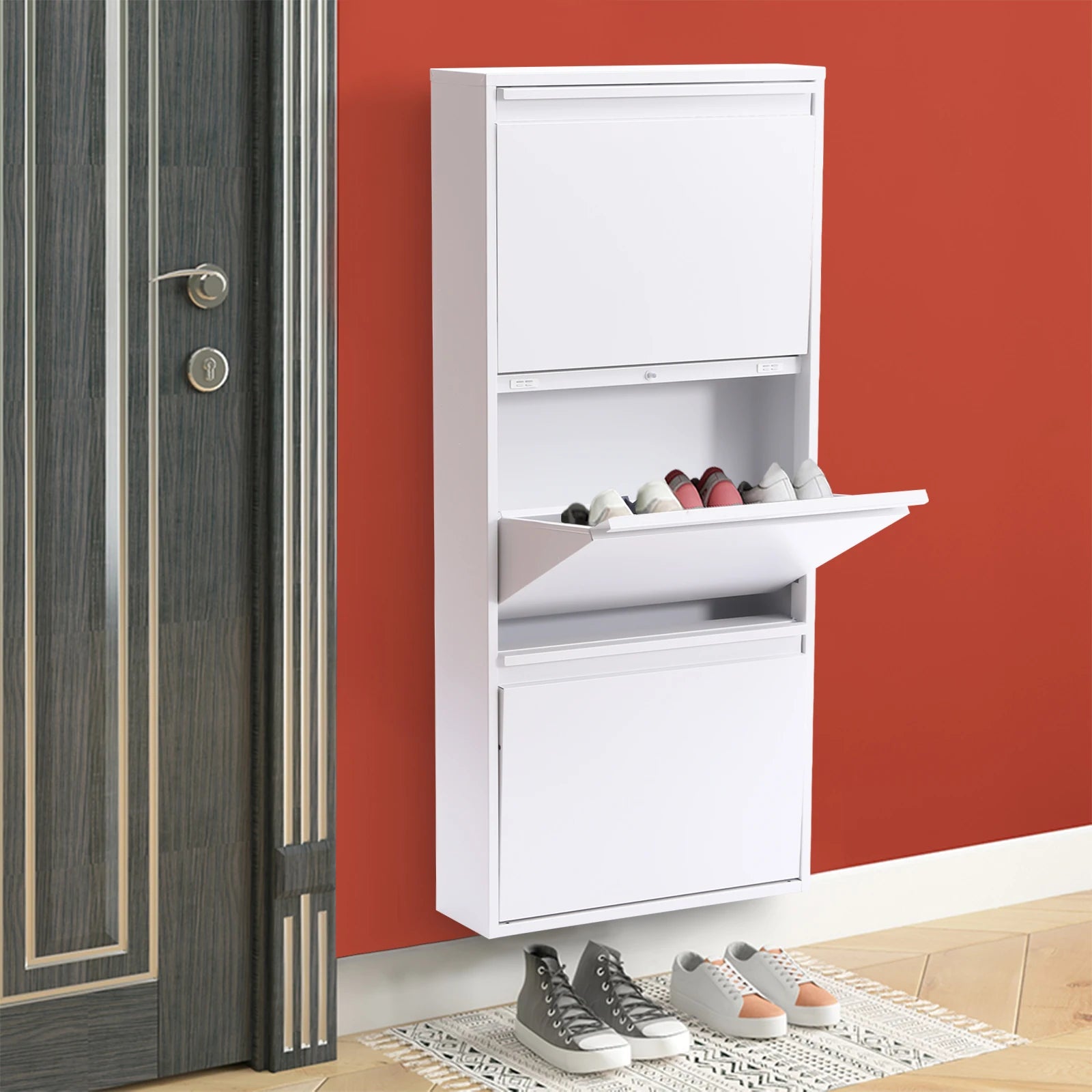 3-Tier Flip Shoe Storage Cabinet, Noiseless Soft Closing Dampers, Wall Mount/Freestanding,  Metal Shoe Rack for Entryway/Hallway
