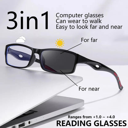 Sports Multifocal Photochromic Reading Glasses, Full Frame Anti-slip Ultralight Glasses From +1.0 To -+4.0