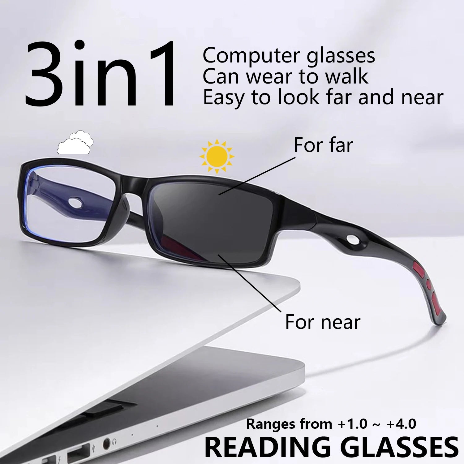 Sports Multifocal Photochromic Reading Glasses, Full Frame Anti-slip Ultralight Glasses From +1.0 To -+4.0