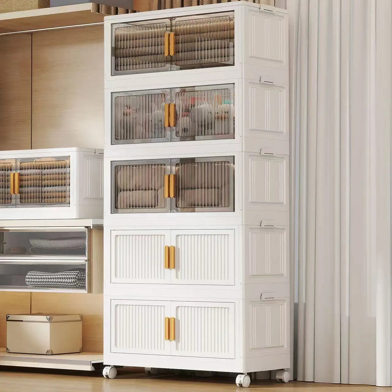 Oversized 3/4/5-Tier Foldable Storage w/ Wheels - No Assembly, Magnetic Doors, Clothes/Toys/Books - Living/Bedroom/Office
