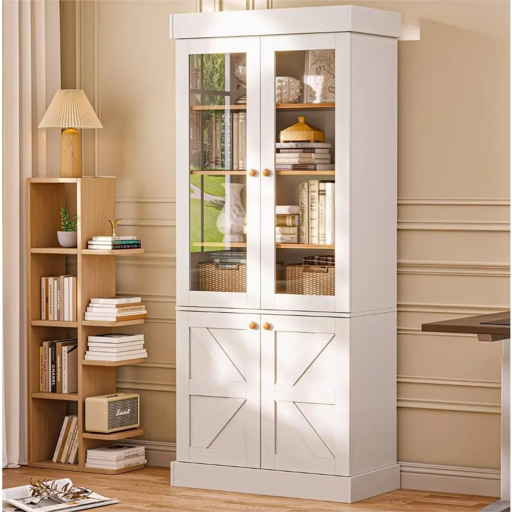 71" high rustic white farmhouse kitchen pantry cabinet with glass doors &amp; adjustable shelves