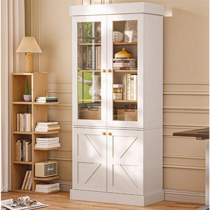 71" high rustic white farmhouse kitchen pantry cabinet with glass doors &amp; adjustable shelves