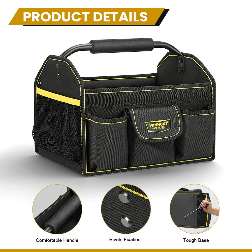 WINHUNT Tote Bag, 10-Pocket Wide Mouth Tool Bag, Tubular Steel Heavy Duty Electrician Tool Bin for Tool Organization and Storage