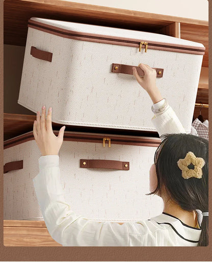 Large Household Storage Box Heavy-duty Hard Shell Cotton Linen Zipper Storage Organizer Box with Lid for Clothes Toys Blankets