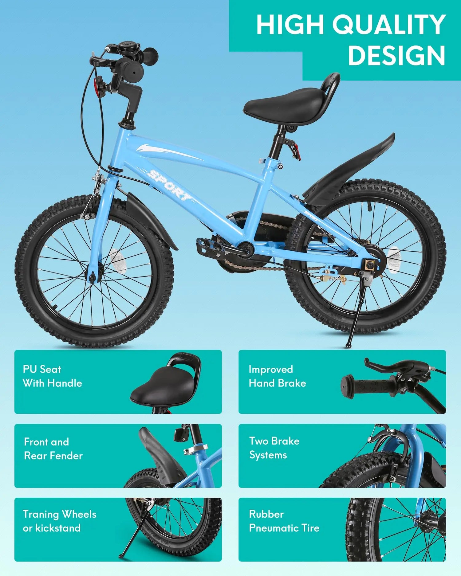 16 Inch Kids Bike with Training Wheels &amp; Kickstand Children