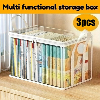 3PCS Heavy-duty Transparent Storage Box with Flip Cover - Space Saving Stackable Design, Suitable for Books, Clothing, Toys