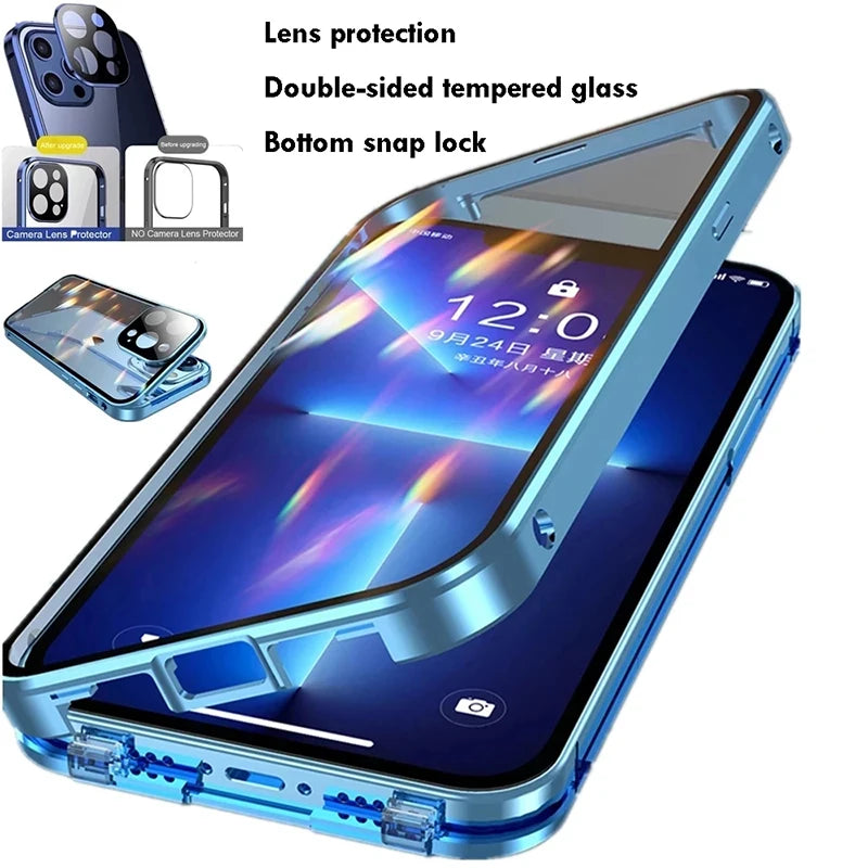 360°Full Protected Metal Magnetic Double-Sided Glass Snap Lock Phone Case For iPhone 16 Pro Max 14 13 12 15 Pro Max Bumper Cover