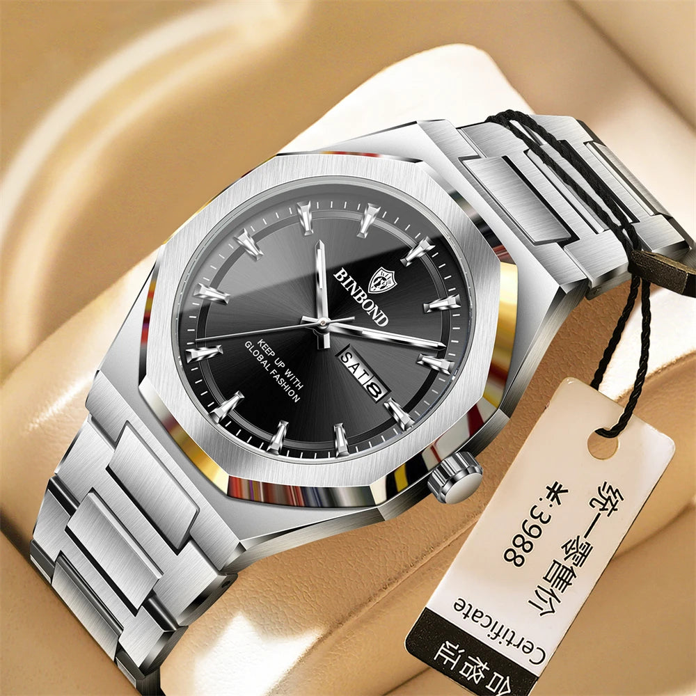 BINBOND Luxury Quartz Man Wristwatch Sport Men Watches Waterproof Luminous Date Week Stainless Steel Men&