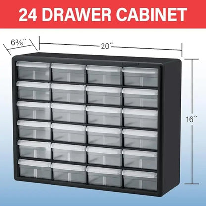 24-Drawer Plastic Storage Cabinet for Garage, Workshop, Home Organization - 20"W x 6"D x 16"H, Black