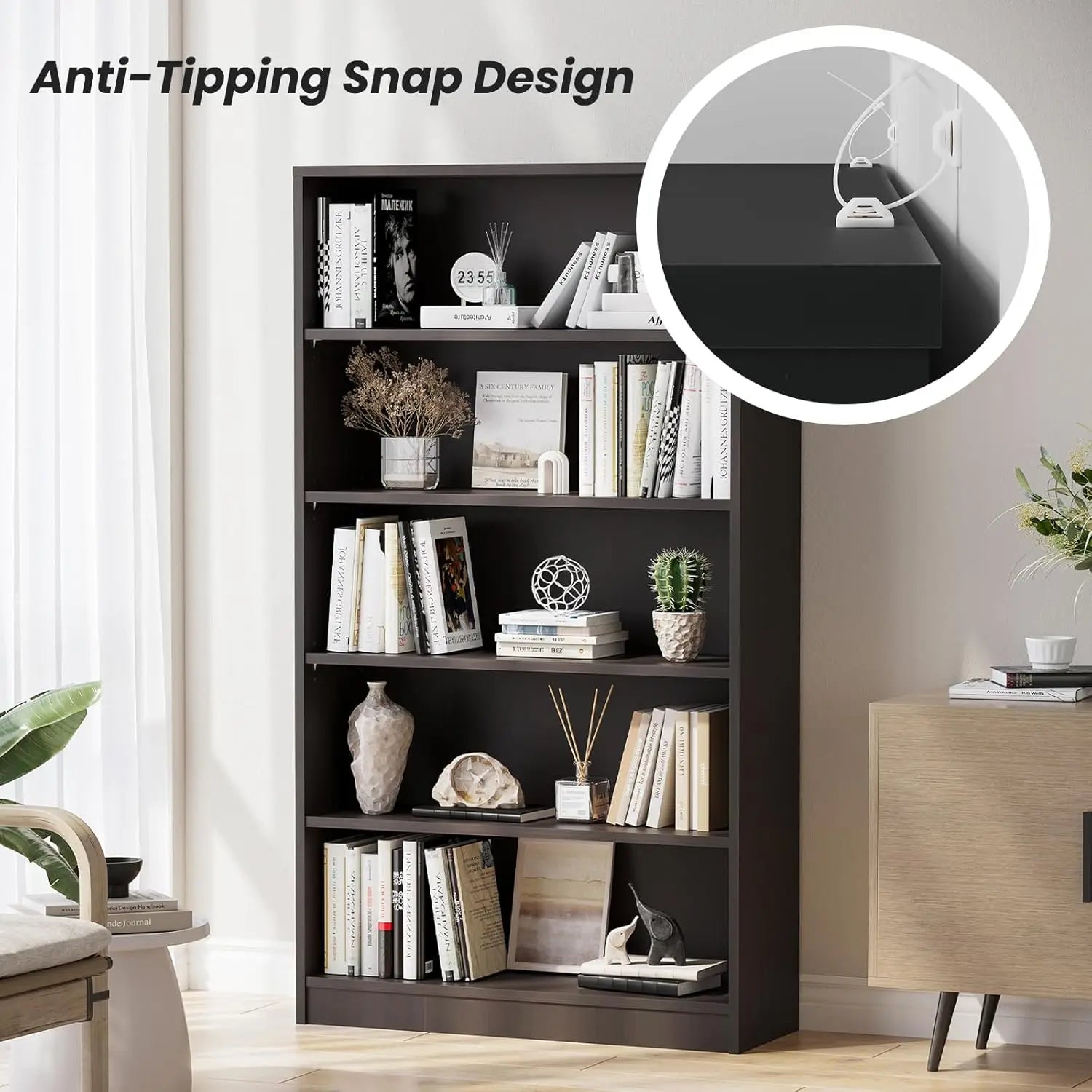 60 Inch Tall Bookcase,5 Shelf Bookshelves,Adjustable Bookshelf for Home Office,Black, Customized