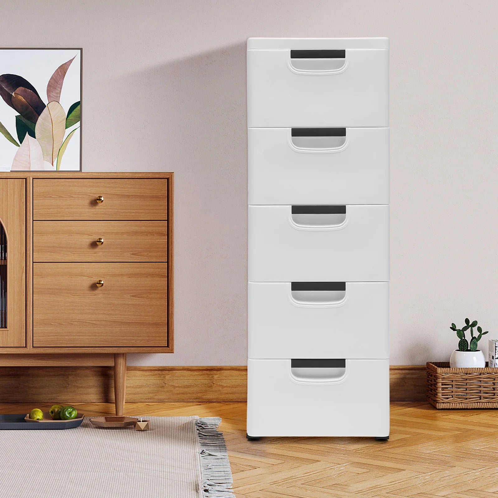 Plastic Drawers Dresser Storage Cabinet w/ Wheels,5 Drawer Stackable Vertical Clothes Storage Tower,Organizer Unit for Bathroom
