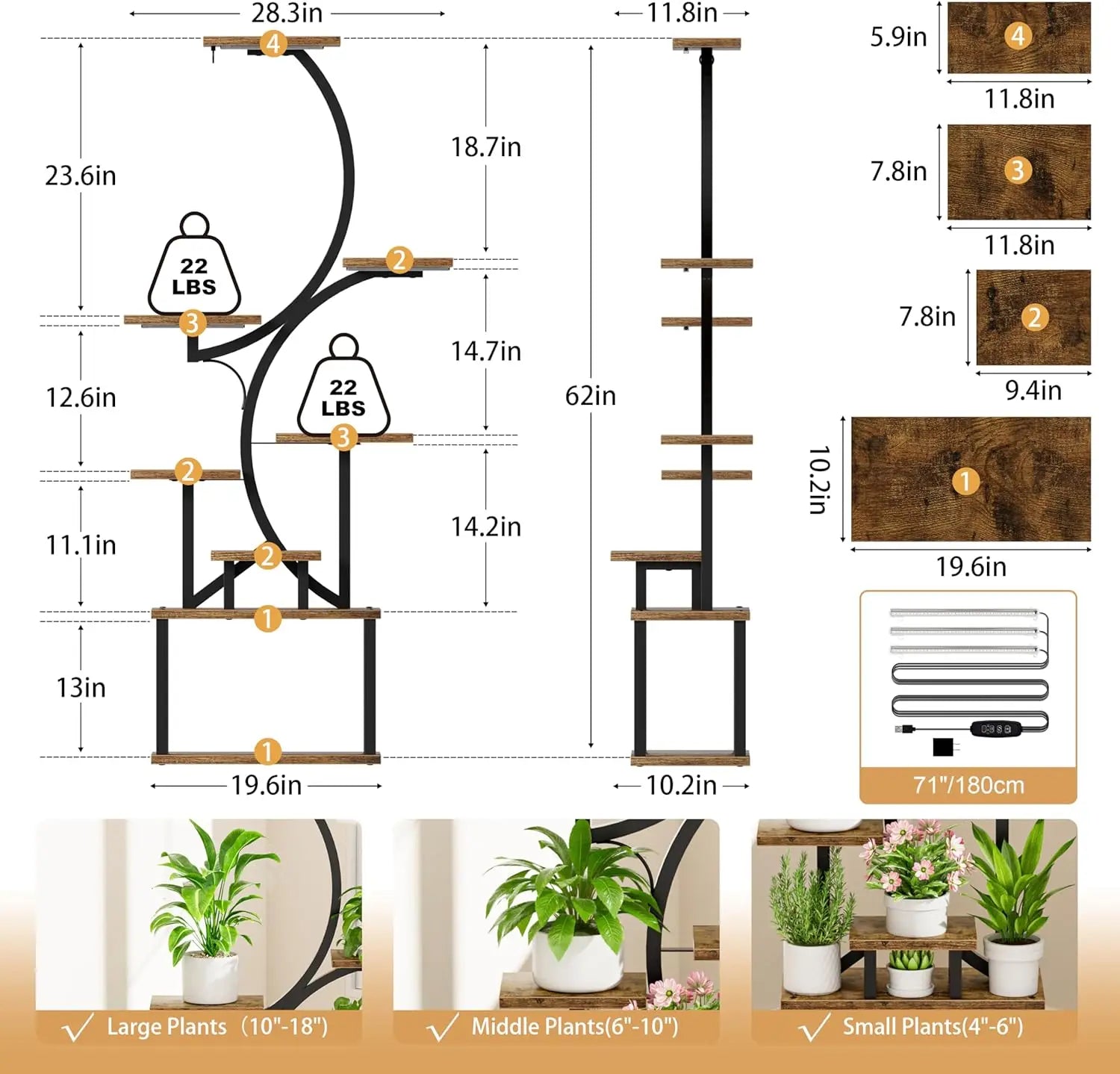 Plant Stands for Indoor Growing, 8 Tiered Large Flower Holder, S-Shaped Decorative Rack for Living Room, Patent Design, Brown